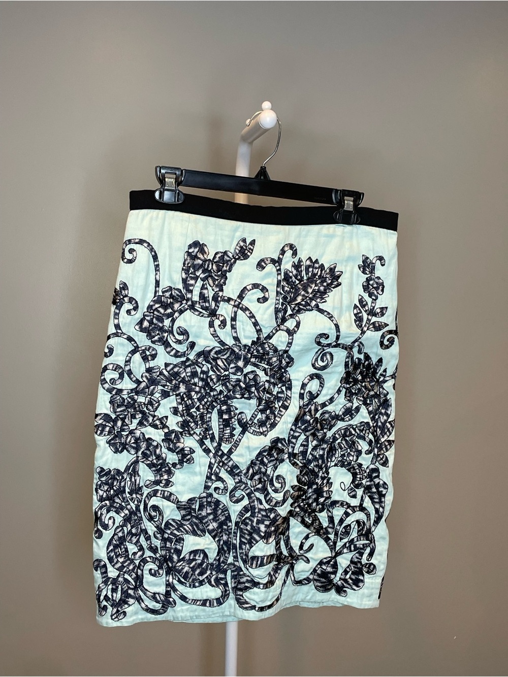 Moulinette Soeurs Black on Blue Floral Embroidered Pencil Skirt